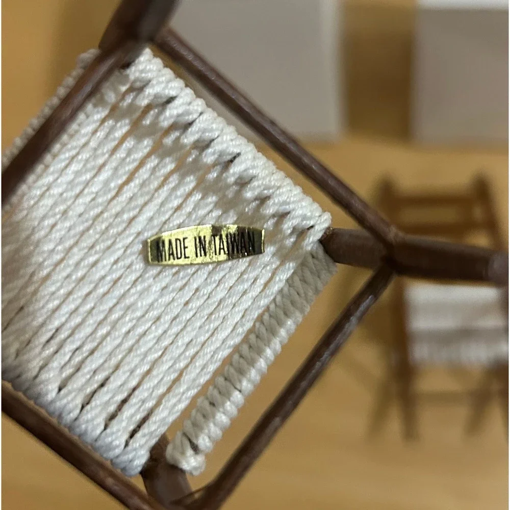 VTG Miniature Straight Chair Set 2pc Brown White Woven Seat Dollhouse 1817